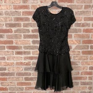 Morgan Taylor Evening dress. Black beaded  embroidery. Tiered chiffon skirt. 6P